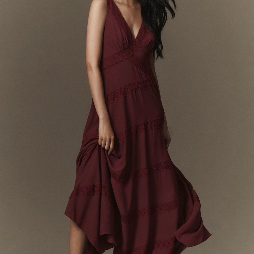 Anthropologie BHLDN Gracie V-neck Lace Georgette Ruffle Maxi Dress